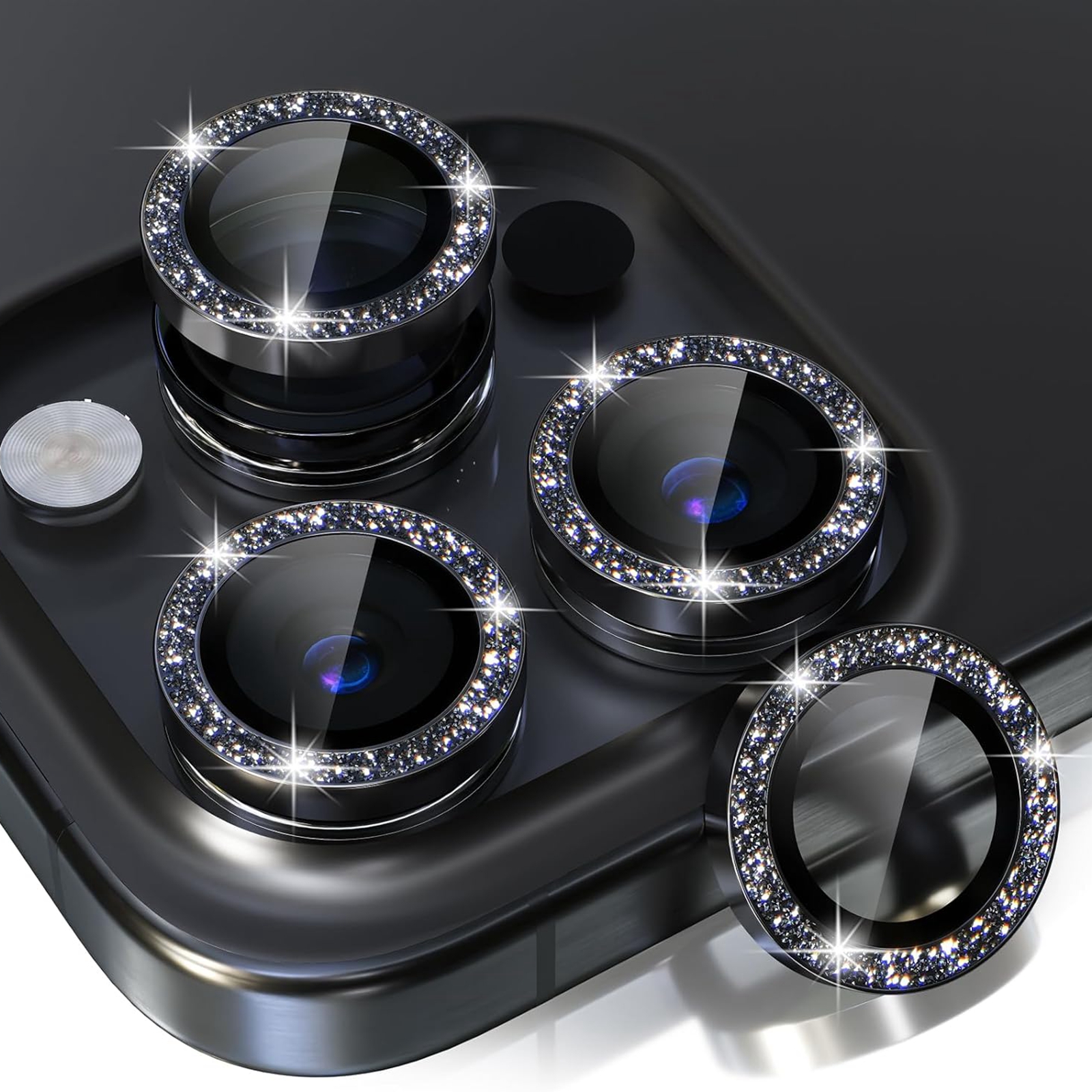 Dteck Compatible for iPhone 15 Pro Max Camera Lens Protector,Bling Glitter 9H Tempered Glass Camera Cover Screen Protector Metal Ring HD Clear Case Friendly,Black